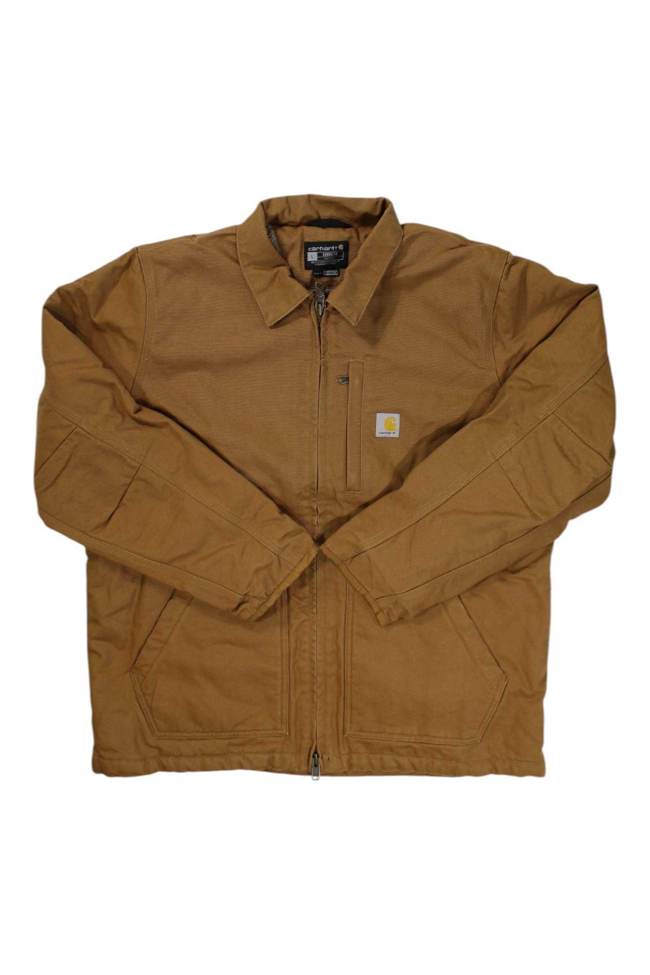 The Carhartt Men’s Sherpa Lined Coat is brown with long sleeves, a zipper front, collar, two front pockets, and a Carhartt logo patch on the left chest pocket. It features washed duck fabric for durability.