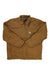 The Carhartt Men’s Sherpa Lined Coat is brown with long sleeves, a zipper front, collar, two front pockets, and a Carhartt logo patch on the left chest pocket. It features washed duck fabric for durability.