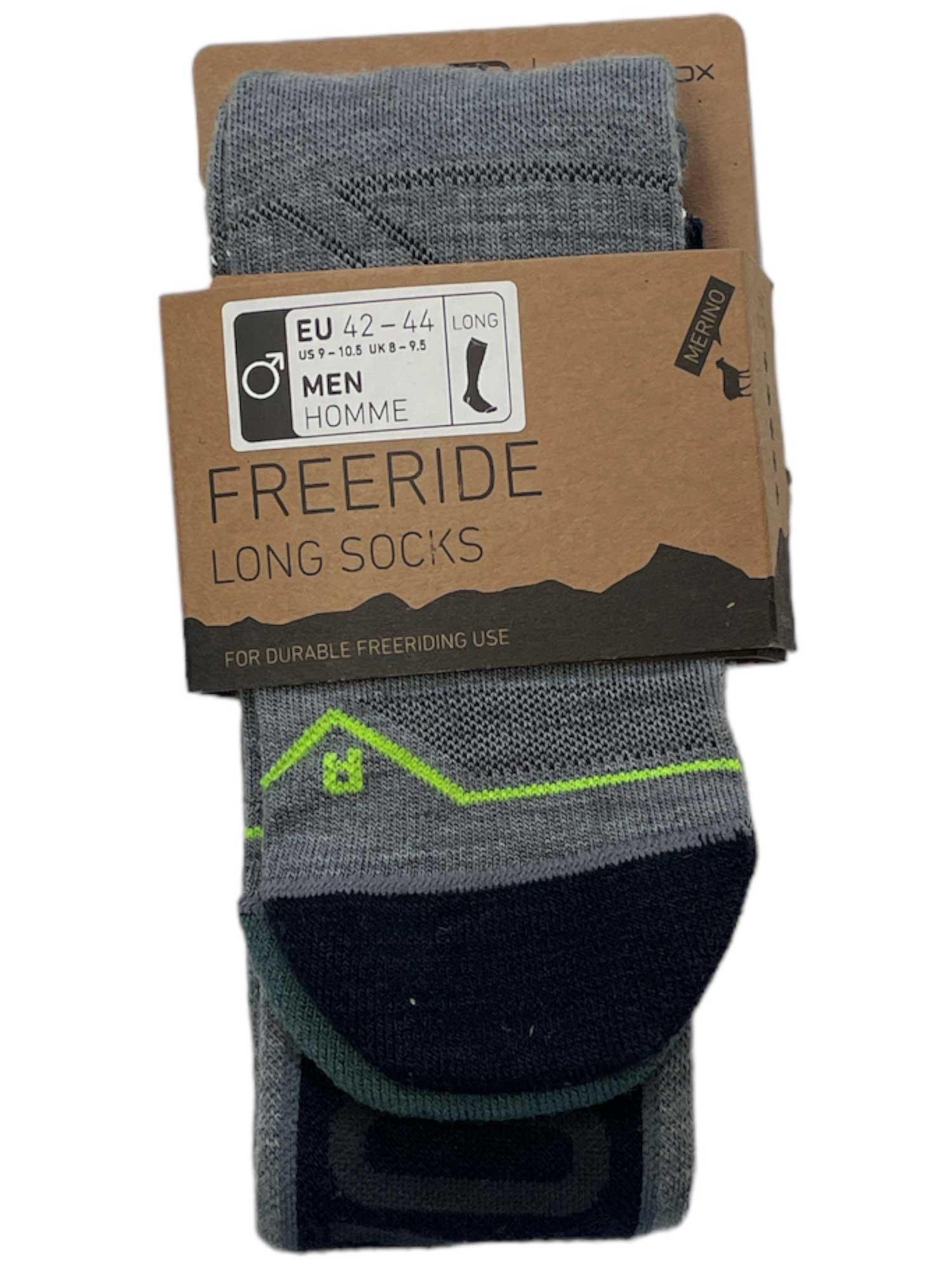 Men's freeride long socks, arctic grey with neon-green top band and dark foot