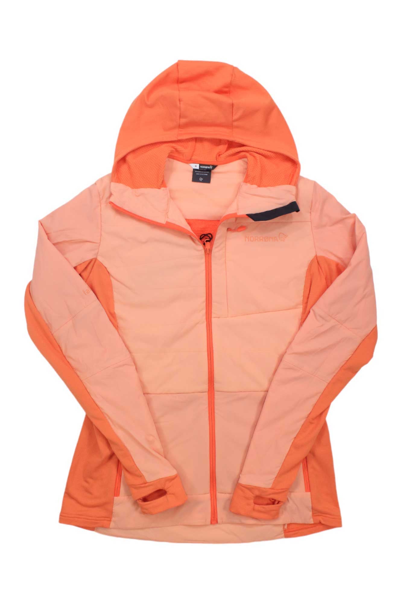 Women’s insulated zip-hood jacket, peach and orange color-block, full front zipper