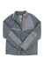 Men's dark navy fleece jacket with tan-trimmed collar, zip chest pocket, and side zips