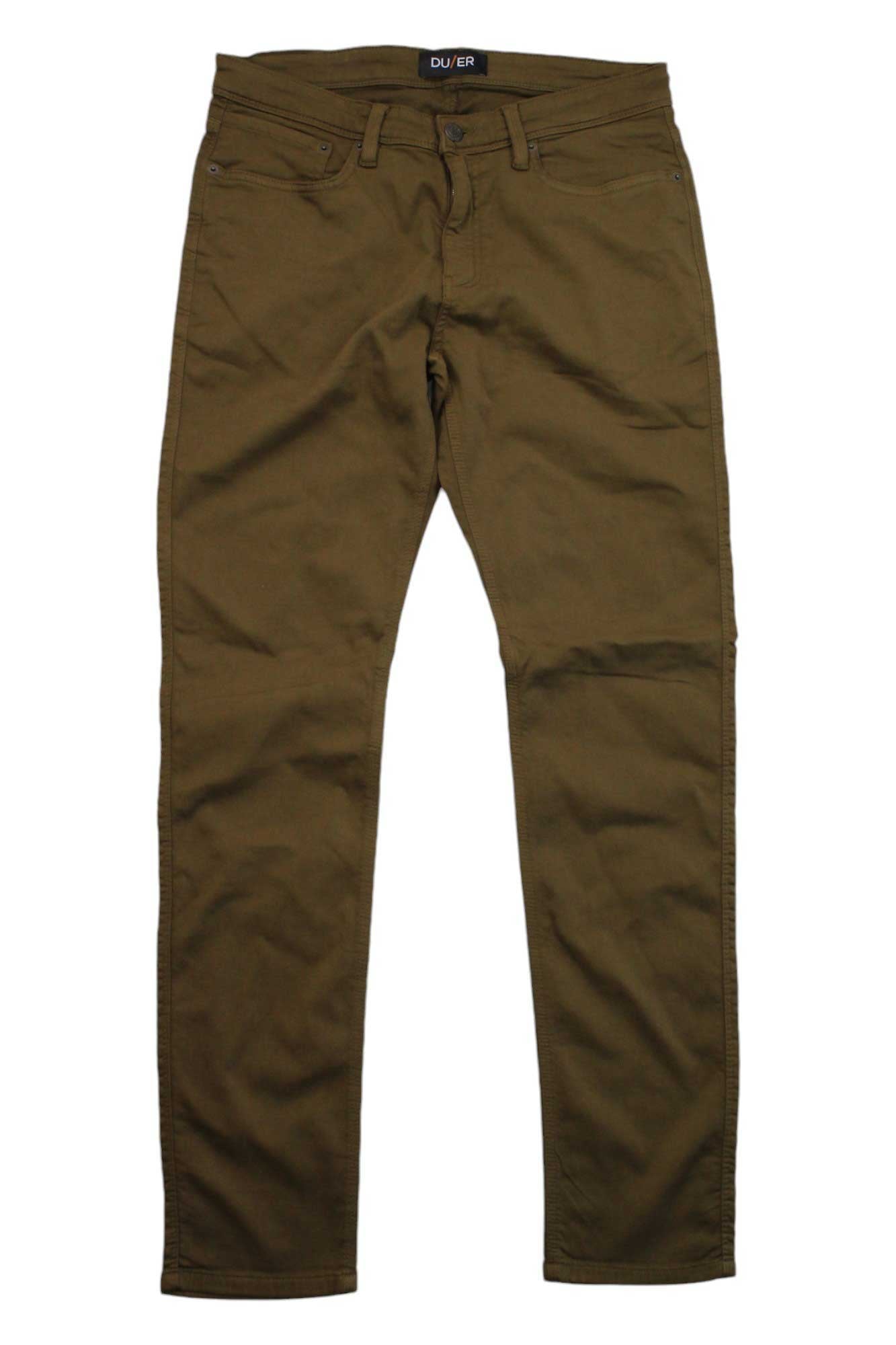 DU/ER Men's No Sweat Slim Fit Pant in olive green, featuring front and back pockets, belt loops, and a button closure. Eco-friendly design offers comfort and style for any occasion; shown laid flat on a white background.