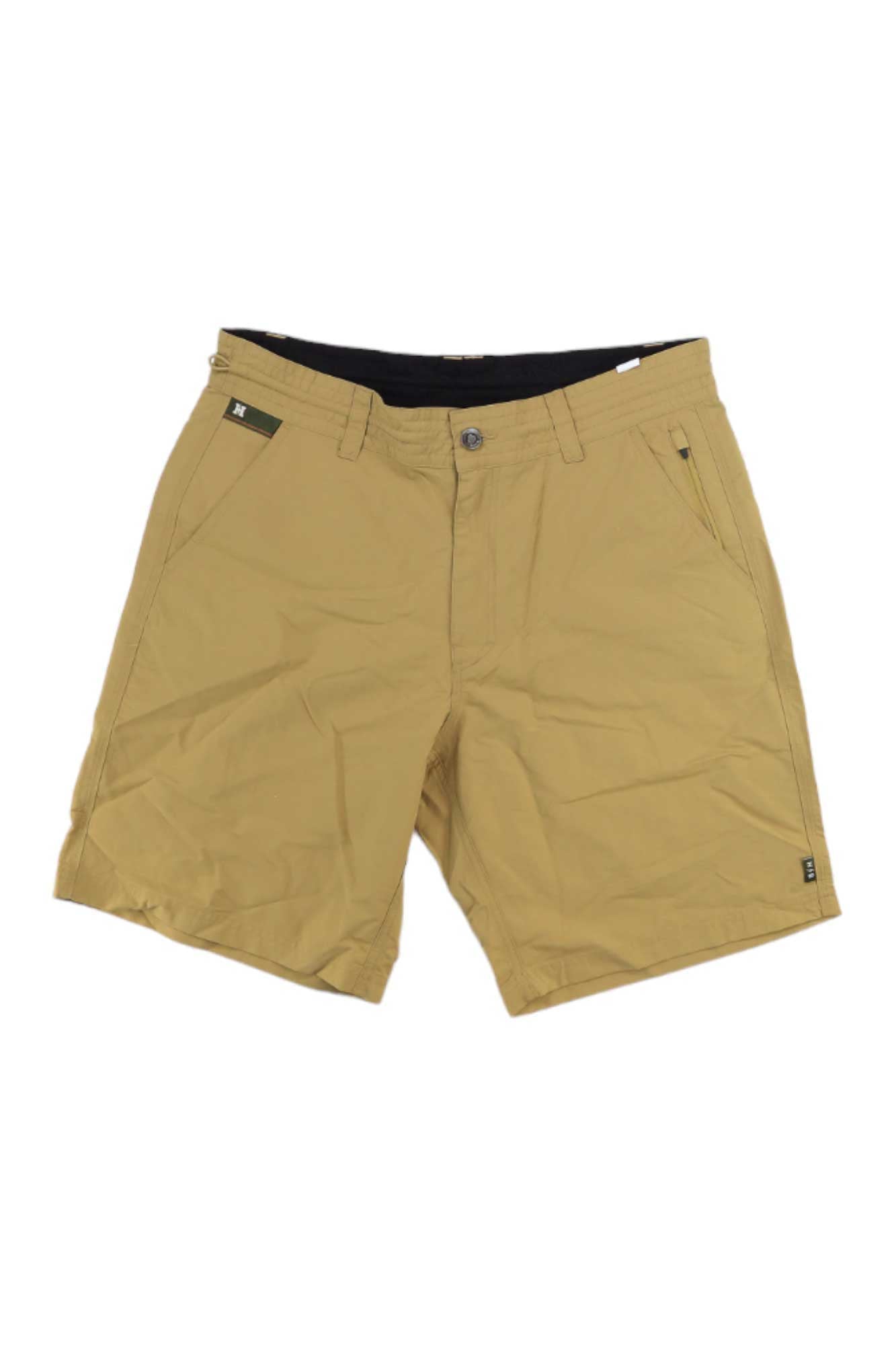 The Howler Brothers Men's Horizon Hybrid 2.0 Short in light brown khaki features side pockets, button and zip closure, belt loops, quick-drying slightly wrinkled fabric, and small black tags above one pocket and near the hem.