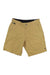 The Howler Brothers Men's Horizon Hybrid 2.0 Short in light brown khaki features side pockets, button and zip closure, belt loops, quick-drying slightly wrinkled fabric, and small black tags above one pocket and near the hem.