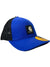 The Carhartt Men's Rugged Flex Twill Mesh-Back Logo Patch Cap features a blue and black design, curved brim with yellow sticker, mesh back, and front Carhartt logo patch for outdoor style.