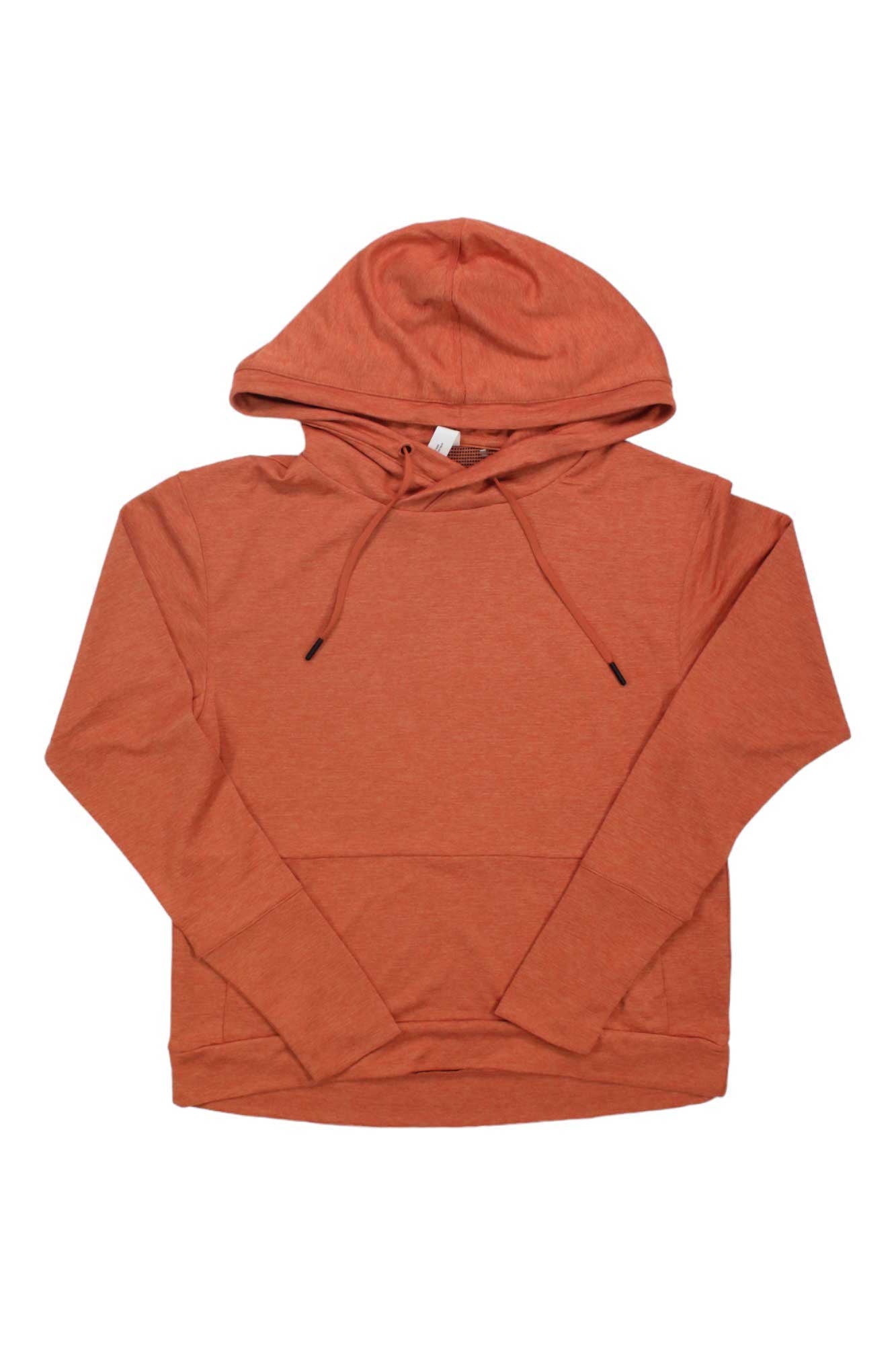 The Helly Hansen Womens Lifa Tech Lite Hoodie is rust-colored with long sleeves, a front pocket, and drawstrings. Shown flat on a white background, it offers comfortable, moisture-wicking performance.