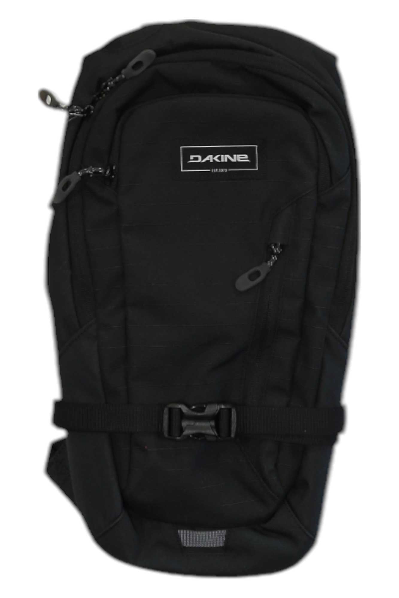 The Dakine Shuttle 6L Hydration Pack, in black recycled polyester, features a front zipper pocket, lower front buckle strap, and white Dakine logo patch—ideal for mountain biking adventures.