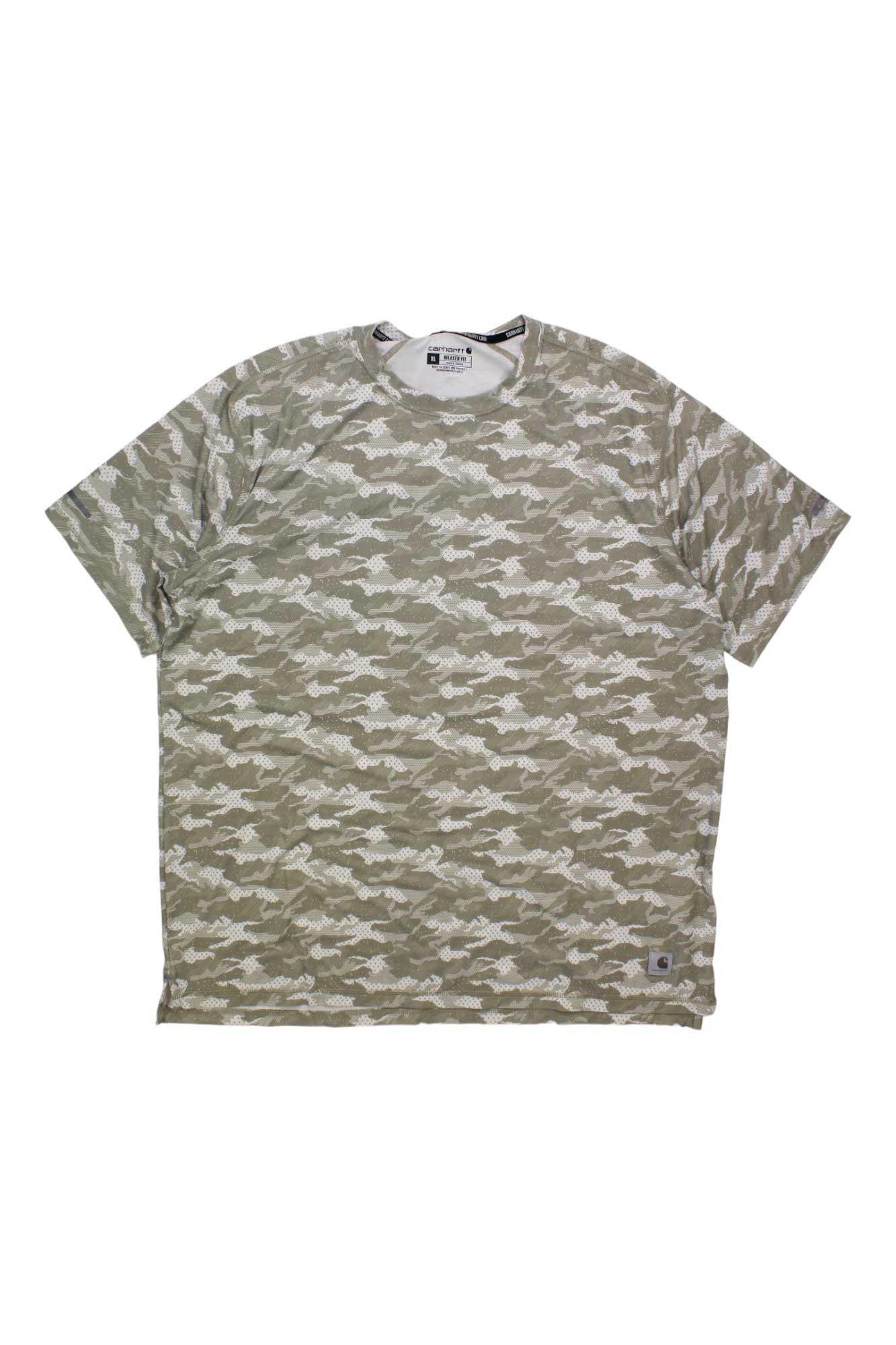Carhartt Men's LWD Relaxed Fit Short Sleeve Print T-Shirt in a green, beige, and white camouflage pattern, shown laid flat on a white background.