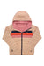 The Cotopaxi Kids Fuego Down Hooded Jacket is a light pink, packable jacket with a hood, navy blue and red chest stripes, front zipper, and long sleeves.