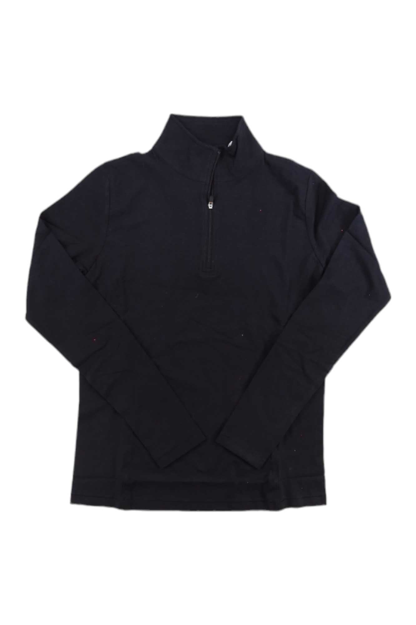 The Tasc Womens Recess 1/4 Zip Top is a black long-sleeve pullover with a short stand-up collar and quarter zipper. Made from moisture-wicking fabric, it’s shown laid flat on a white background.