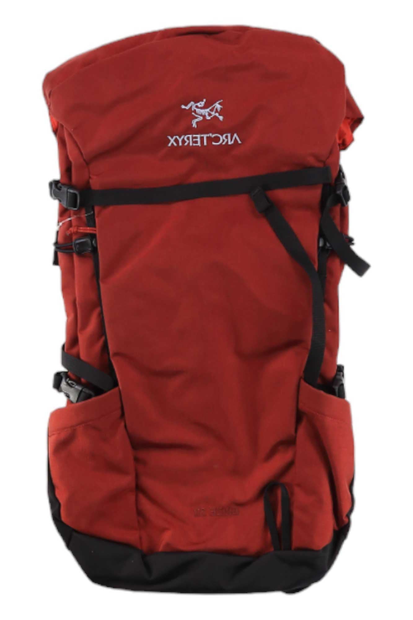 Red fabric backpack with black straps, buckles, and front pocket
