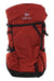 Red fabric backpack with black straps, buckles, and front pocket