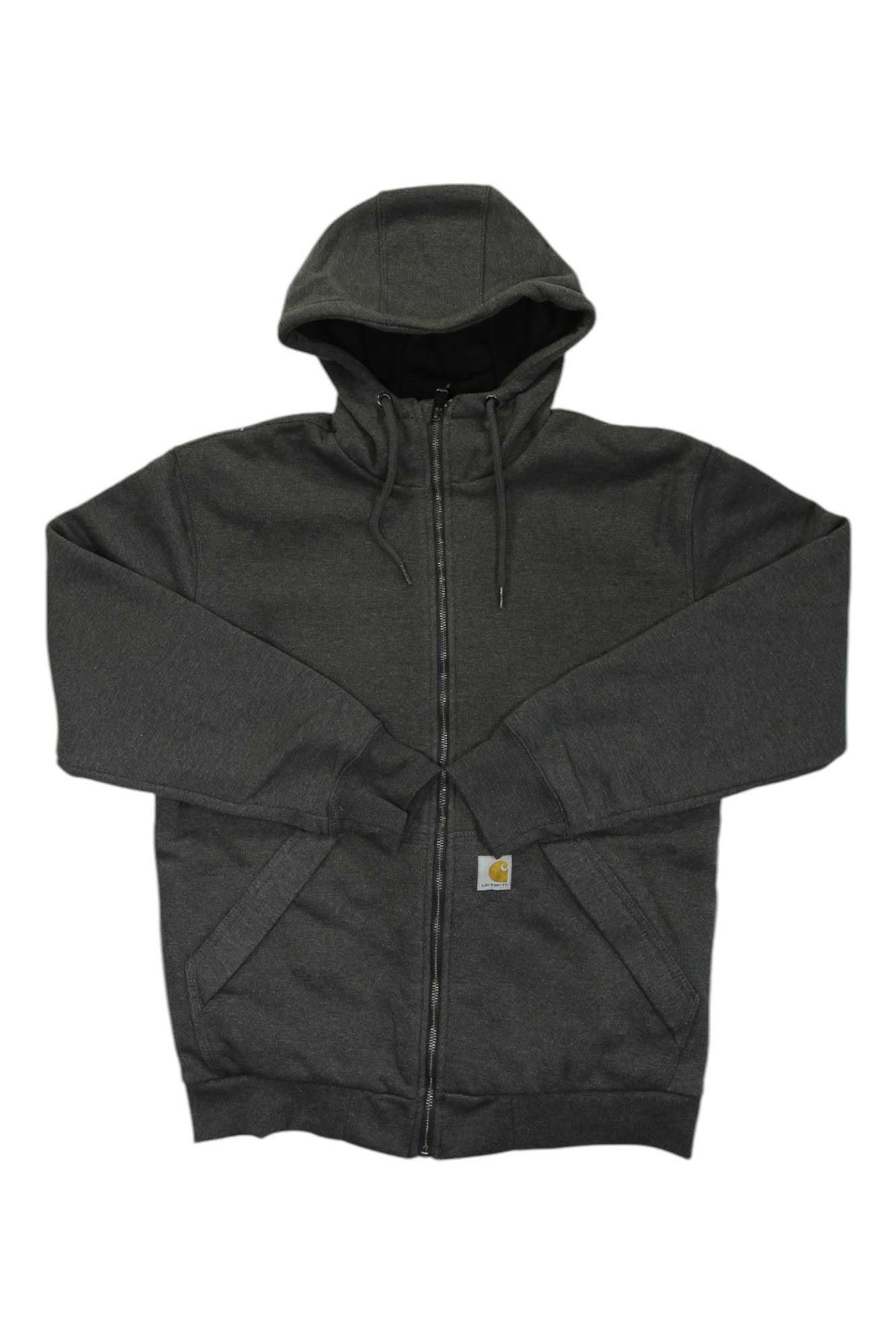 The Carhartt Men's Rain Defender Loose Fit Midweight Thermal Lined Full-Zip Hoodie is a dark gray, water-repellent sweatshirt with a hood, front pockets, small logo tag by the zipper, and thermal lining. Shown laid flat on a white background.