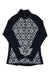 The Helly Hansen Women's Lifa Merino Midweight Graphic 1/2 Zip Top features a geometric diamond pattern in white and navy with solid black sleeves and white diagonal stripes—ideal for hiking or cold weather.