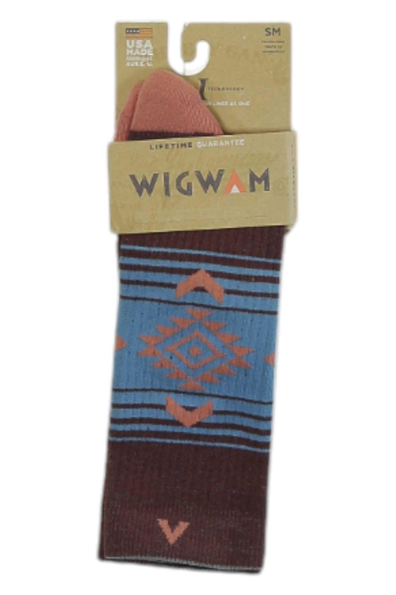 Route NXT sock in burgundy and blue stripes with orange geometric diamond motifs