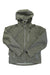 The Flylow Men’s Knight Jacket is a light grayish-green waterproof hardshell with a hood, front zipper, zippered chest pocket, and two zippered side pockets, shown laid flat on a white background.