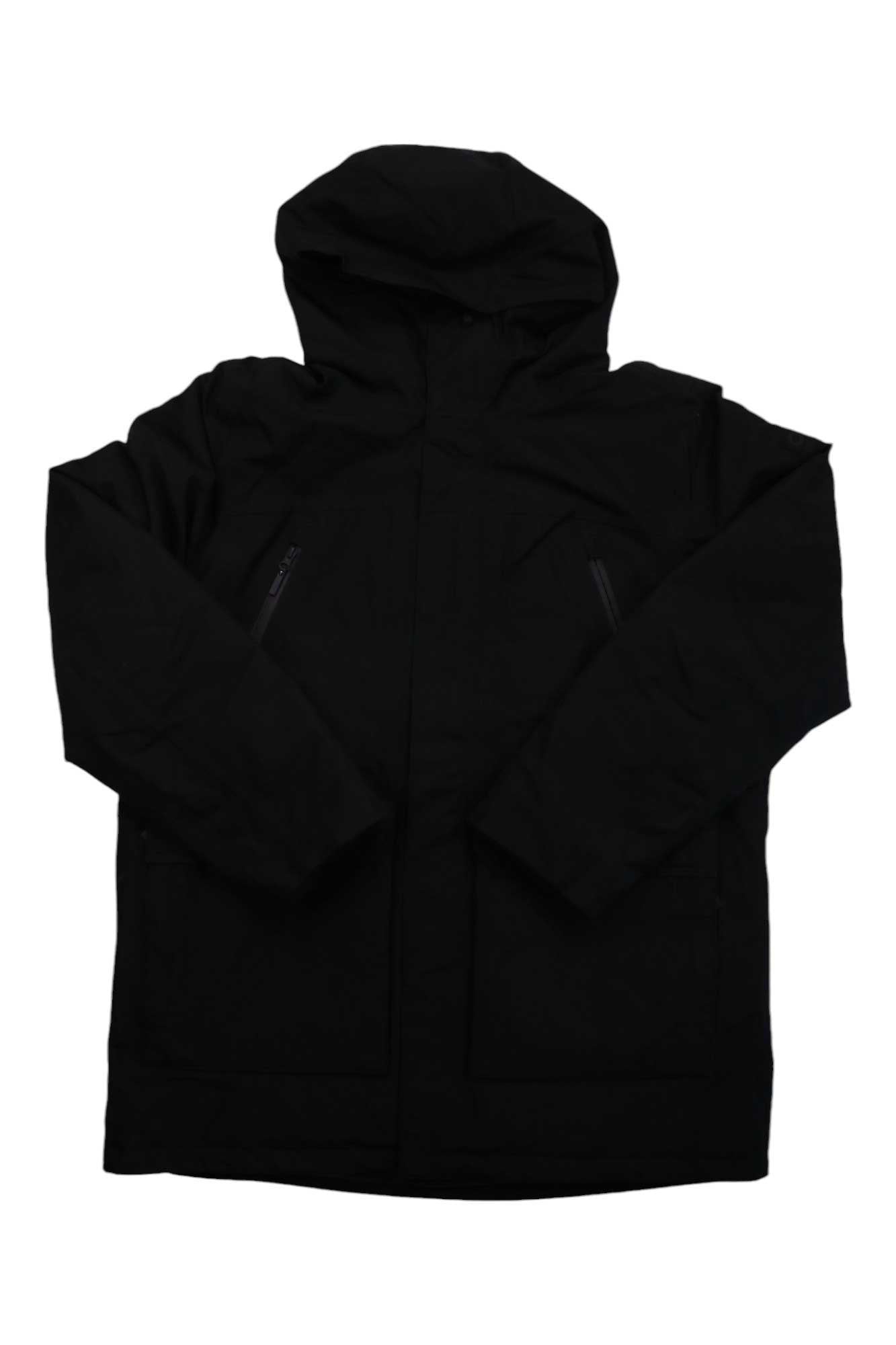 The Outdoor Research Men's Stormcraft Down Parka, in black, features long sleeves, zippered chest pockets, and two large front pockets, shown laid flat on a white background.