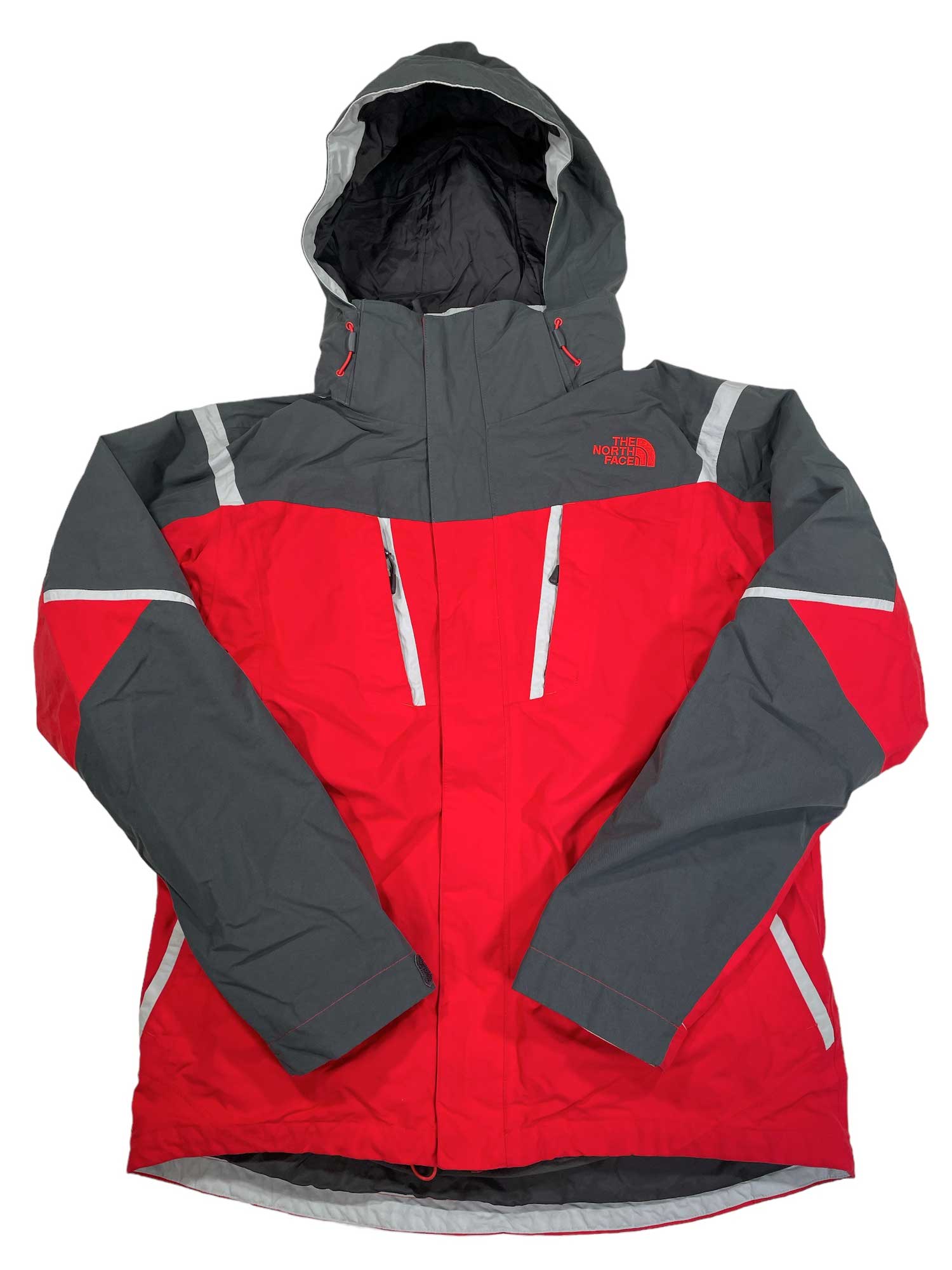 Men's insulated hooded jacket with red and dark gray color-blocking and chest logo