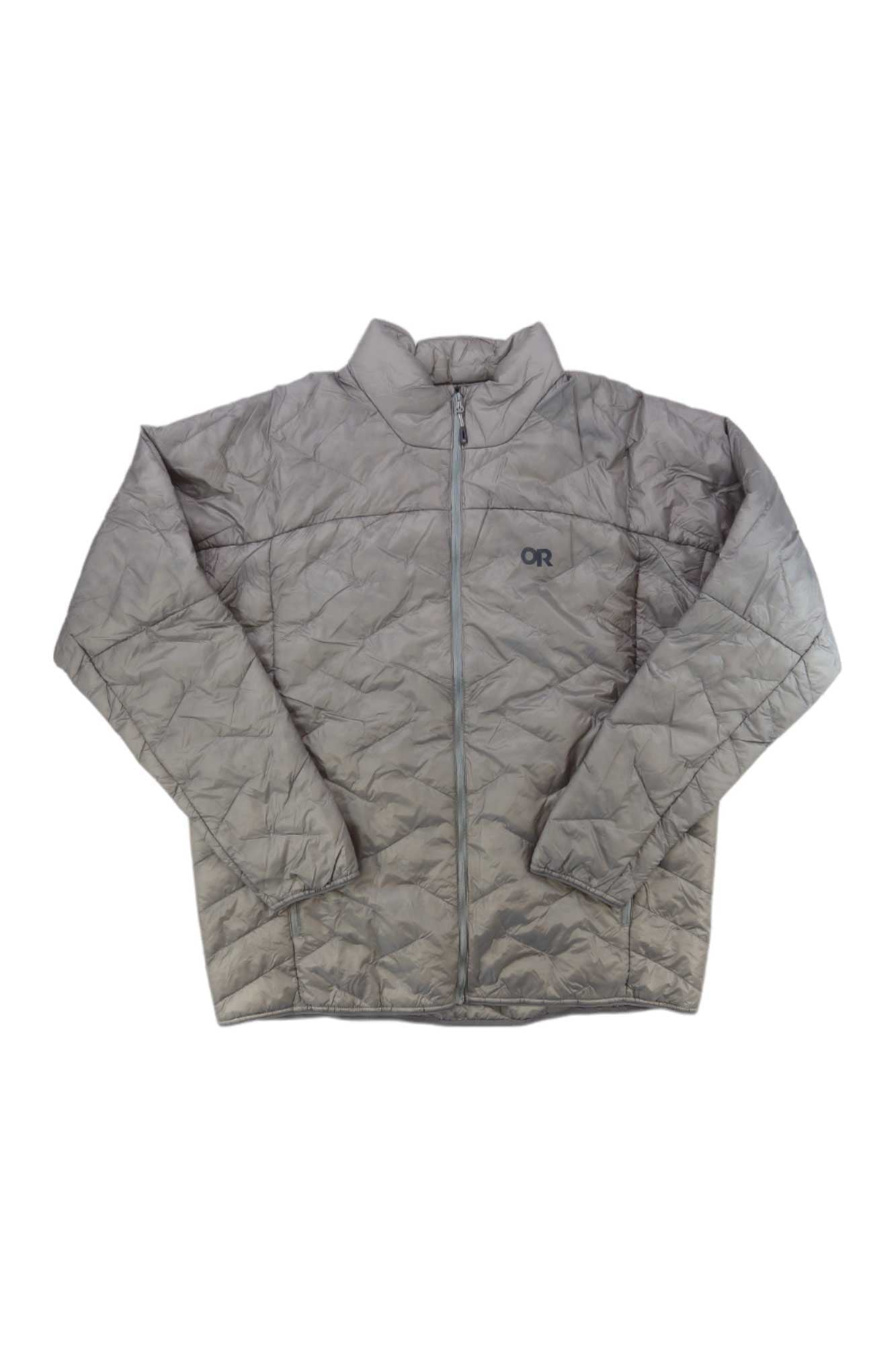 The Outdoor Research Men's SuperStrand LT Jacket is a gray, quilted ultralight jacket with a front zipper, long sleeves, stand-up collar, subtle pattern, and OR logo on the left chest. This packable jacket is shown on a white background.