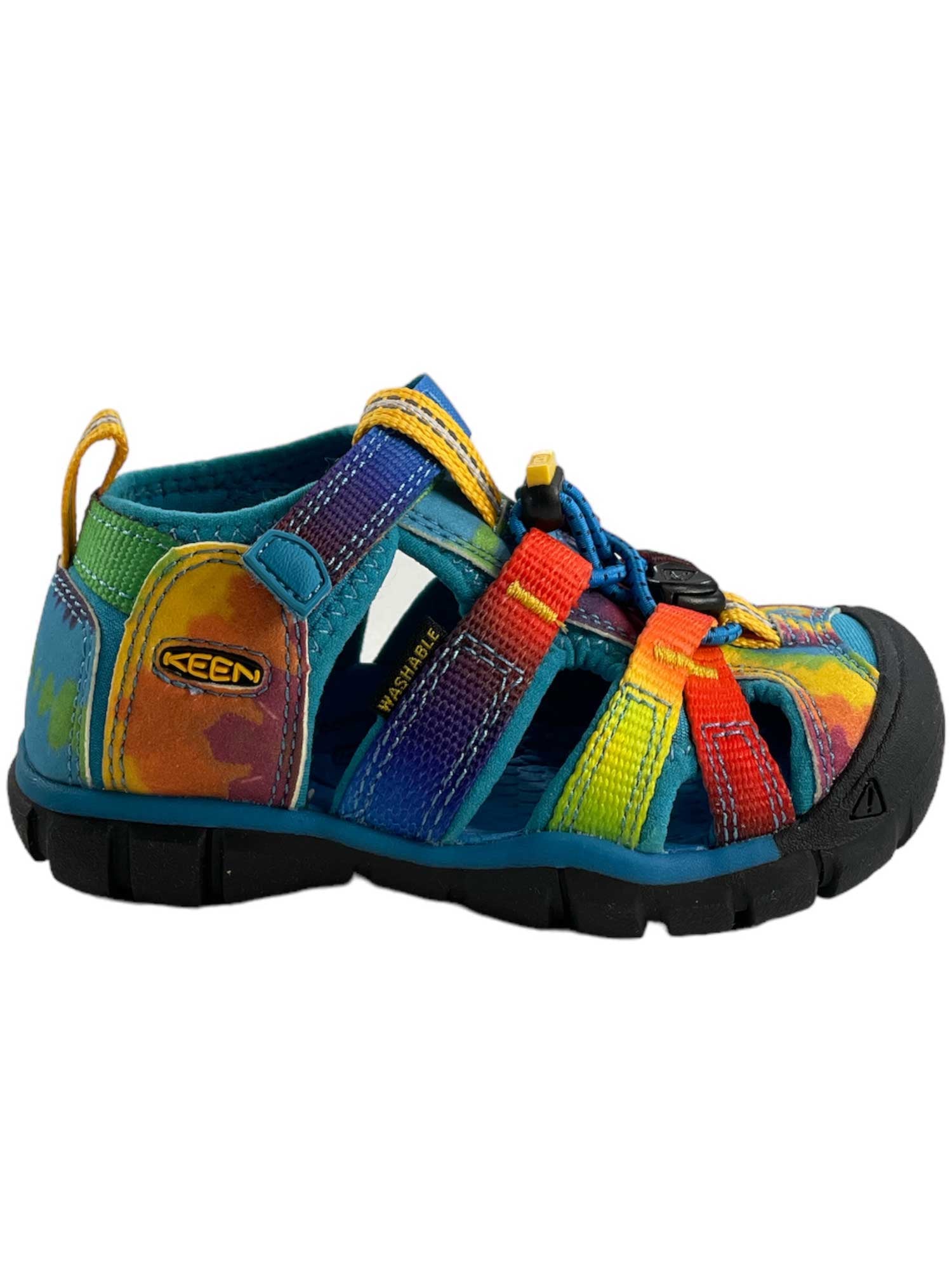 KEEN Seacamp II CNX kids sandal, blue-and-teal tie-dye with multicolor lace accents