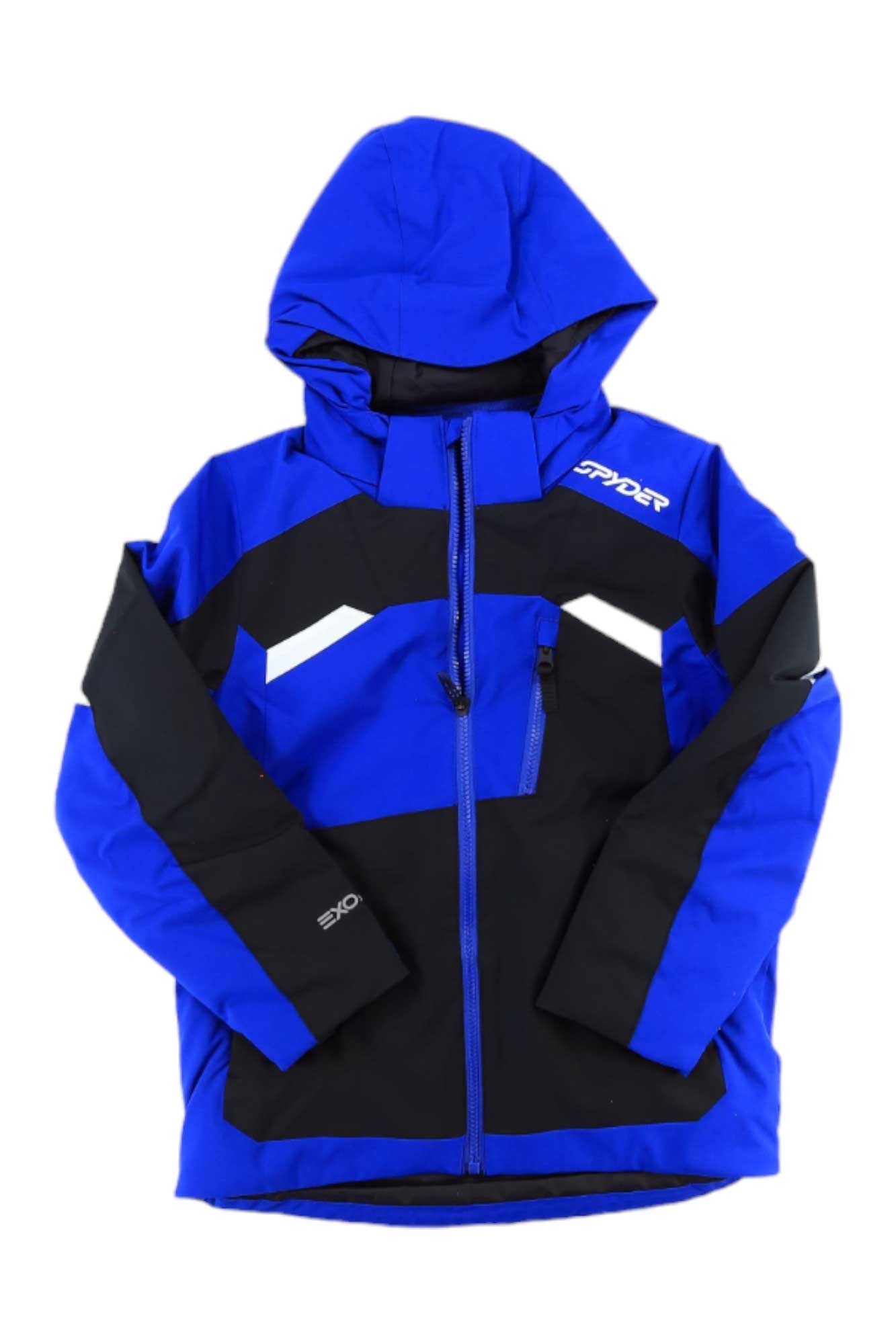 The Spyder Boys Leader Jacket in blue and black features zippered pockets, white accent stripes, and SPYDER logos on the chest and sleeve. This insulated winter jacket is displayed flat on a white background.