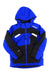 The Spyder Boys Leader Jacket in blue and black features zippered pockets, white accent stripes, and SPYDER logos on the chest and sleeve. This insulated winter jacket is displayed flat on a white background.