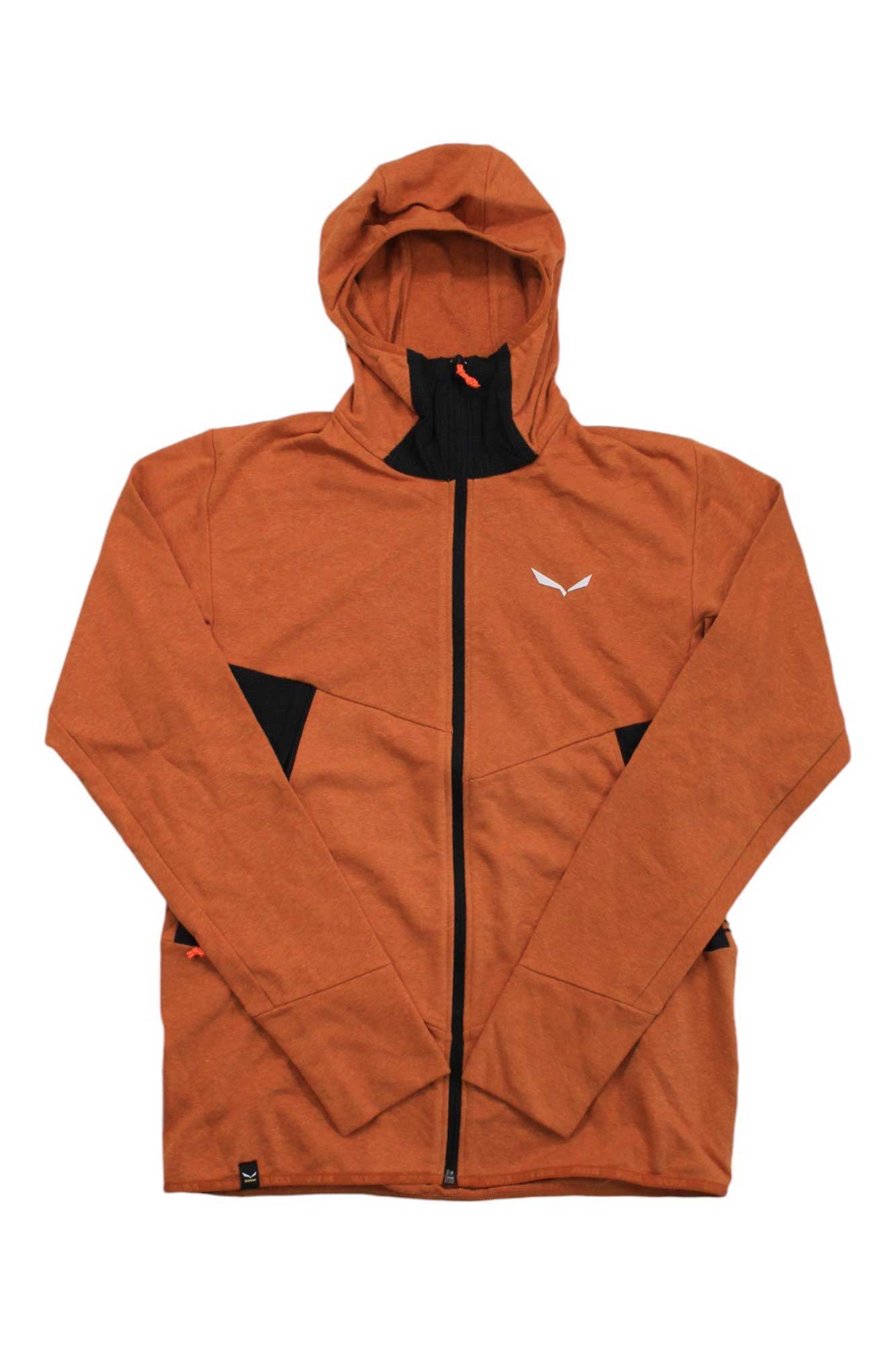 Men's hemp hooded jacket, rust orange full-zip with orange logo accents