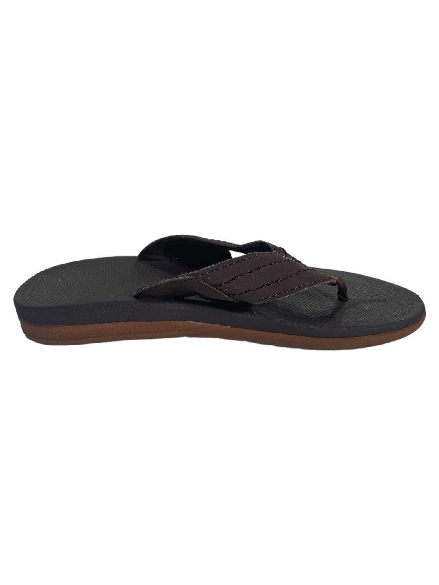 The Rainbow Kids Kid Capes Sandal features black and brown colors, a contoured footbed, textured sole, and dark brown straps. Displayed from a side angle on a plain white background.