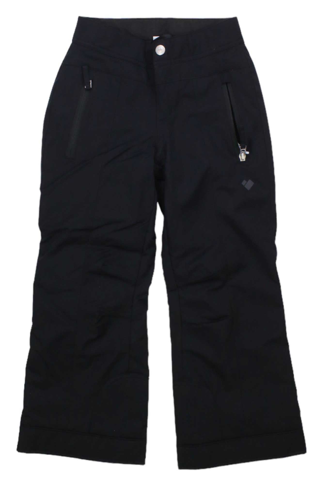 The Obermeyer Brooke Insulated Snow Pants for girls in black feature two front zippered pockets and a button waist closure, shown against a white background.