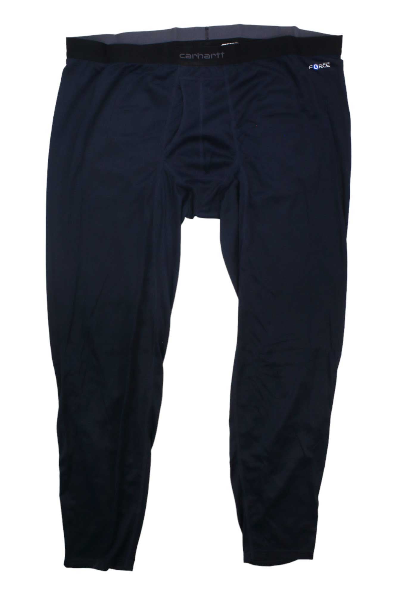 A pair of Carhartt Men's Base Force Midweight Tech Bottom black leggings, designed for moisture wicking comfort, displayed flat on a white background.