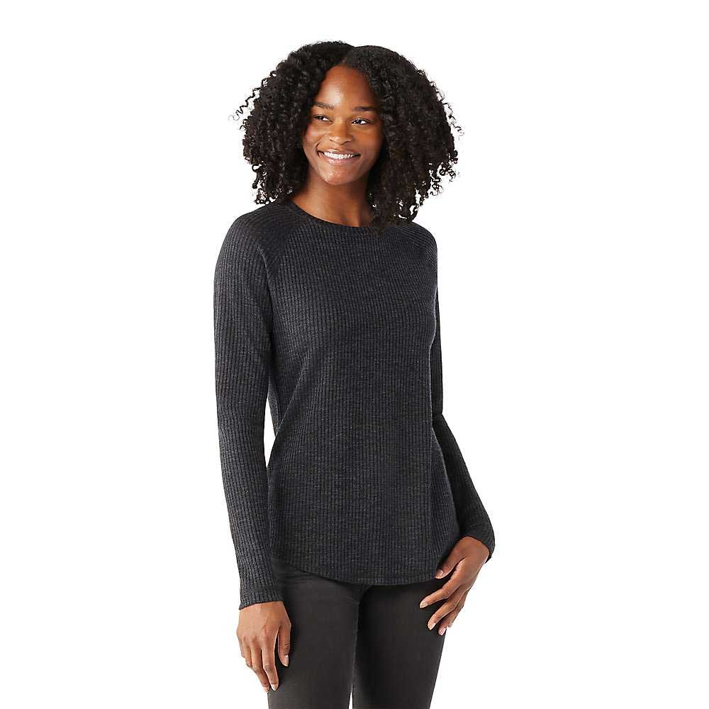 Women’s thermal merino rib crew top, dark heather charcoal, long sleeves
