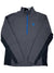 The Spyder Mens Outbound Half-Zip Pullover features long sleeves, a dark gray color with a blue zipper, embroidered logo, black stretch fleece side and sleeve panels, and a subtly ribbed fabric texture for added style.