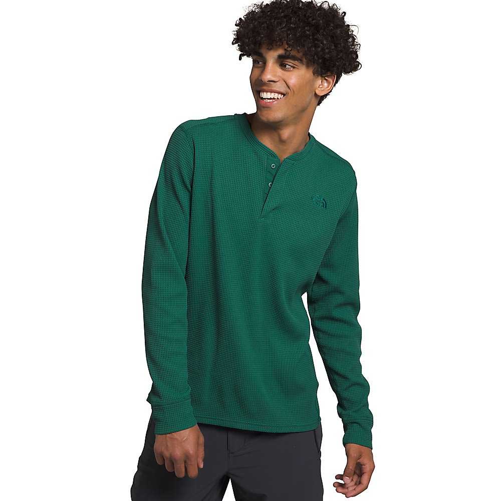 Mens green long-sleeve thermal henley with button placket and small chest logo