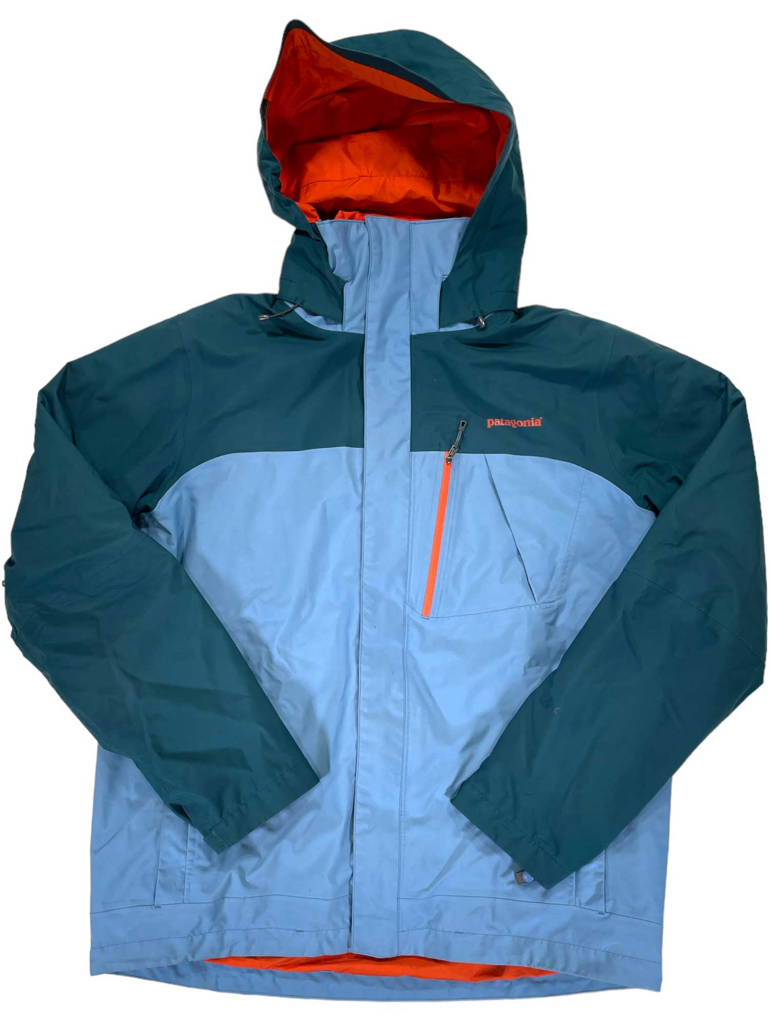 The Men's Snowshot 3-in-1 Jacket features a two-tone blue and teal design with an orange interior, hood, chest pocket, Thermogreen insulation, waterproof breathable shell, and two side pockets.