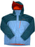 The Men's Snowshot 3-in-1 Jacket features a two-tone blue and teal design with an orange interior, hood, chest pocket, Thermogreen insulation, waterproof breathable shell, and two side pockets.