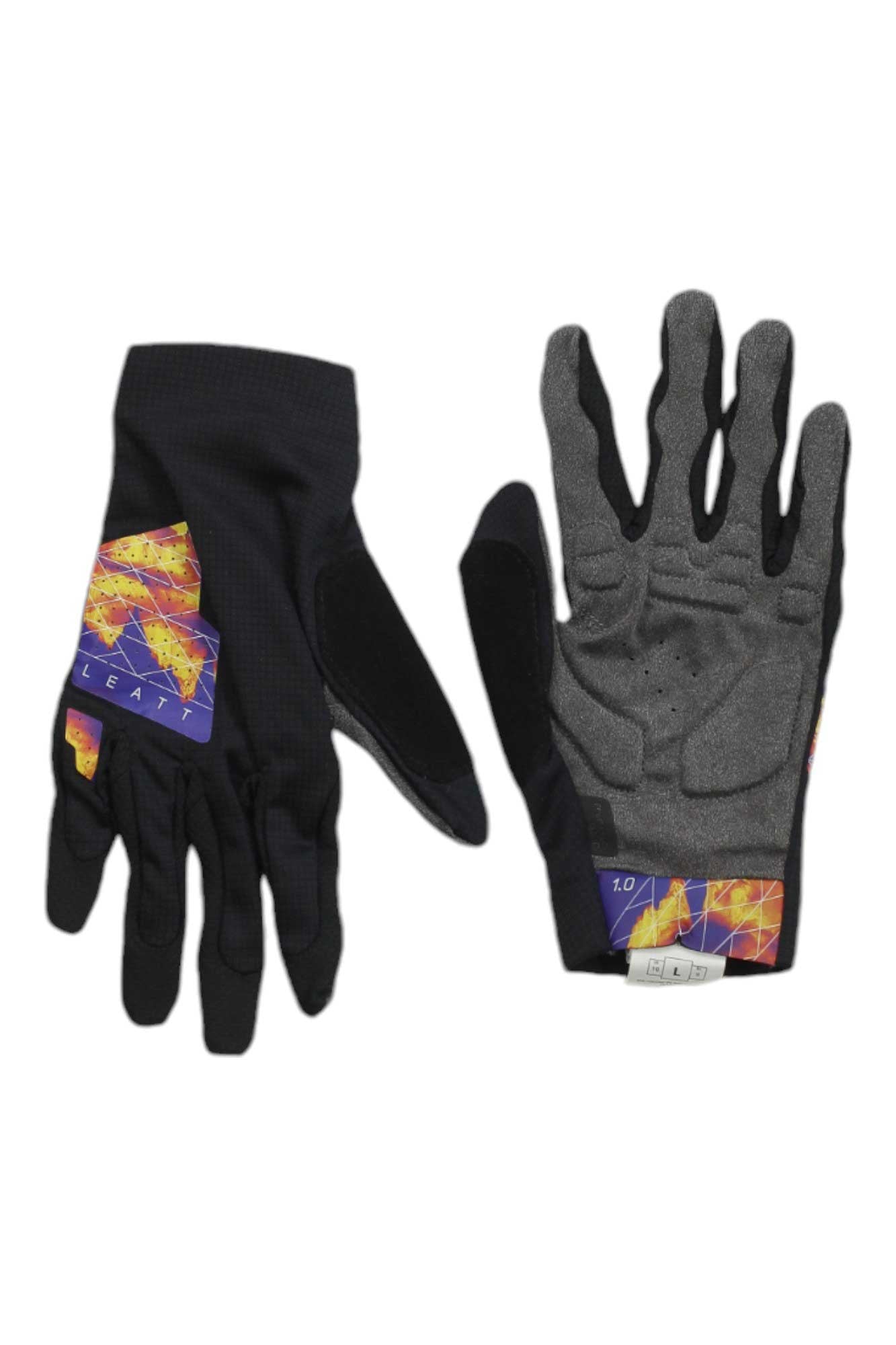 The Leatt MTB 1.0 Glove is a black pair of gloves with padded palms and bold orange-yellow geometric designs on the cuffs, displayed with one glove palm up and the other palm down.