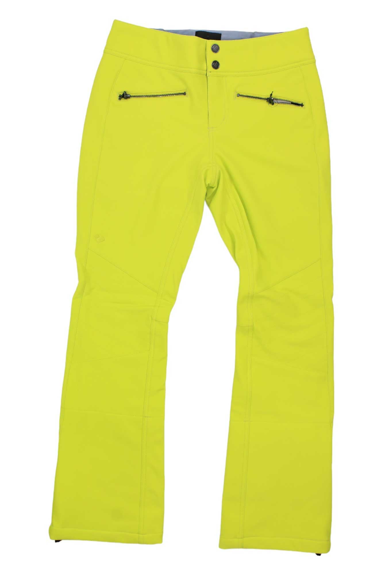 The Clio Soft-Shell Snow Pants are women's bright yellow, straight-leg ski pants with two front zippered pockets, water-resistant fabric, and a button waist closure, shown laid flat on a white background.
