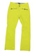 The Clio Soft-Shell Snow Pants are women's bright yellow, straight-leg ski pants with two front zippered pockets, water-resistant fabric, and a button waist closure, shown laid flat on a white background.