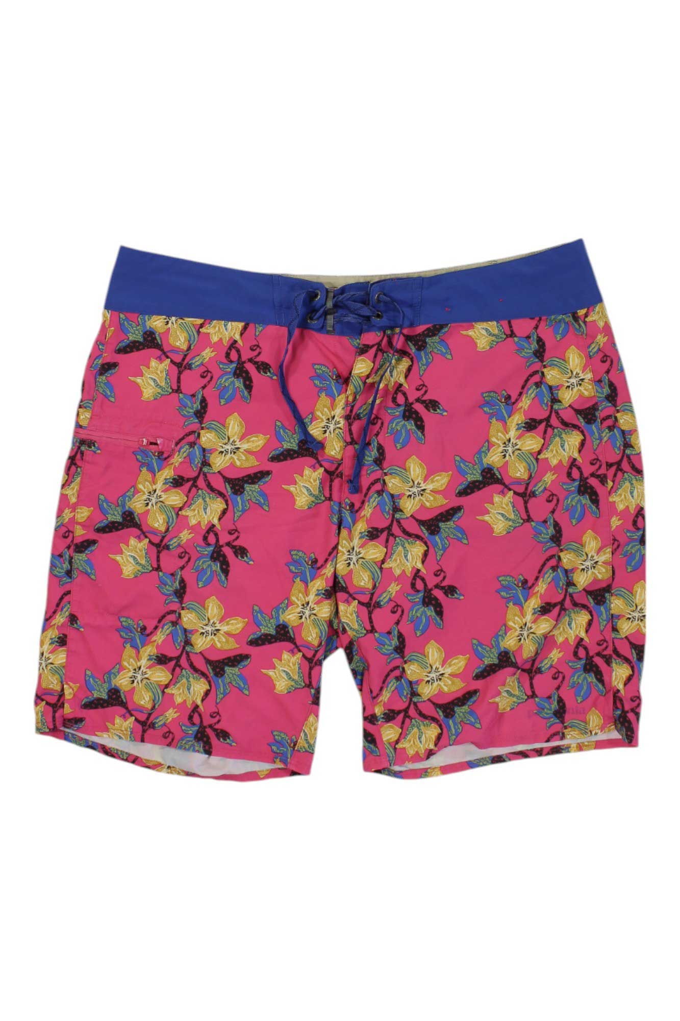 Men's stretch boardshorts in pink with multicolor tropical floral print and drawstring