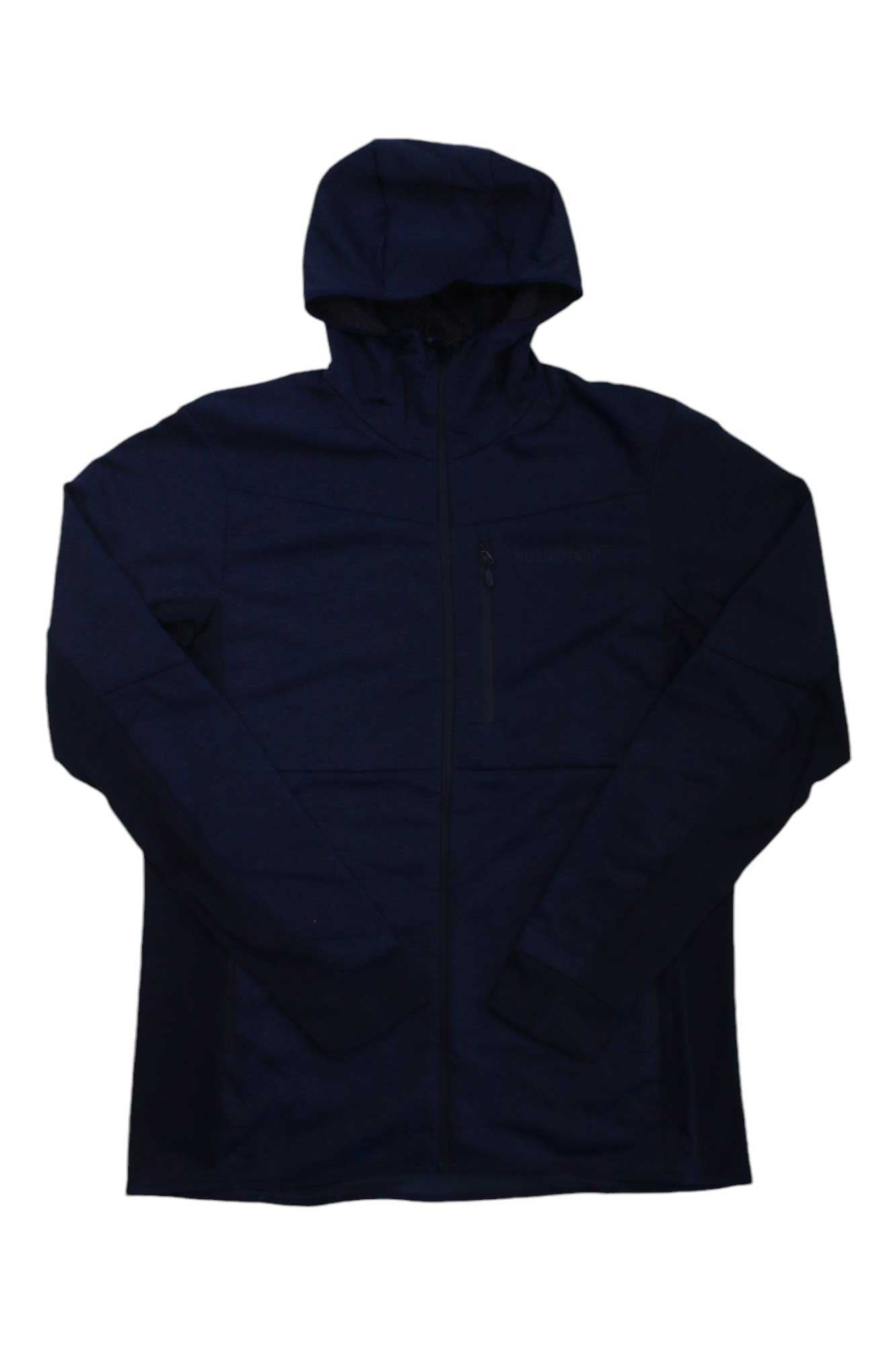 The Norrona Men's Falketind Warm2 Octa Hood is a dark navy blue technical fleece jacket with long sleeves, a front zipper, and a zippered left chest pocket, shown laid flat on a white background.