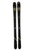A pair of Volkl Yumi 80 black women's skis with gold and silver accents stand upright side by side on a white background—perfect all-mountain skis.