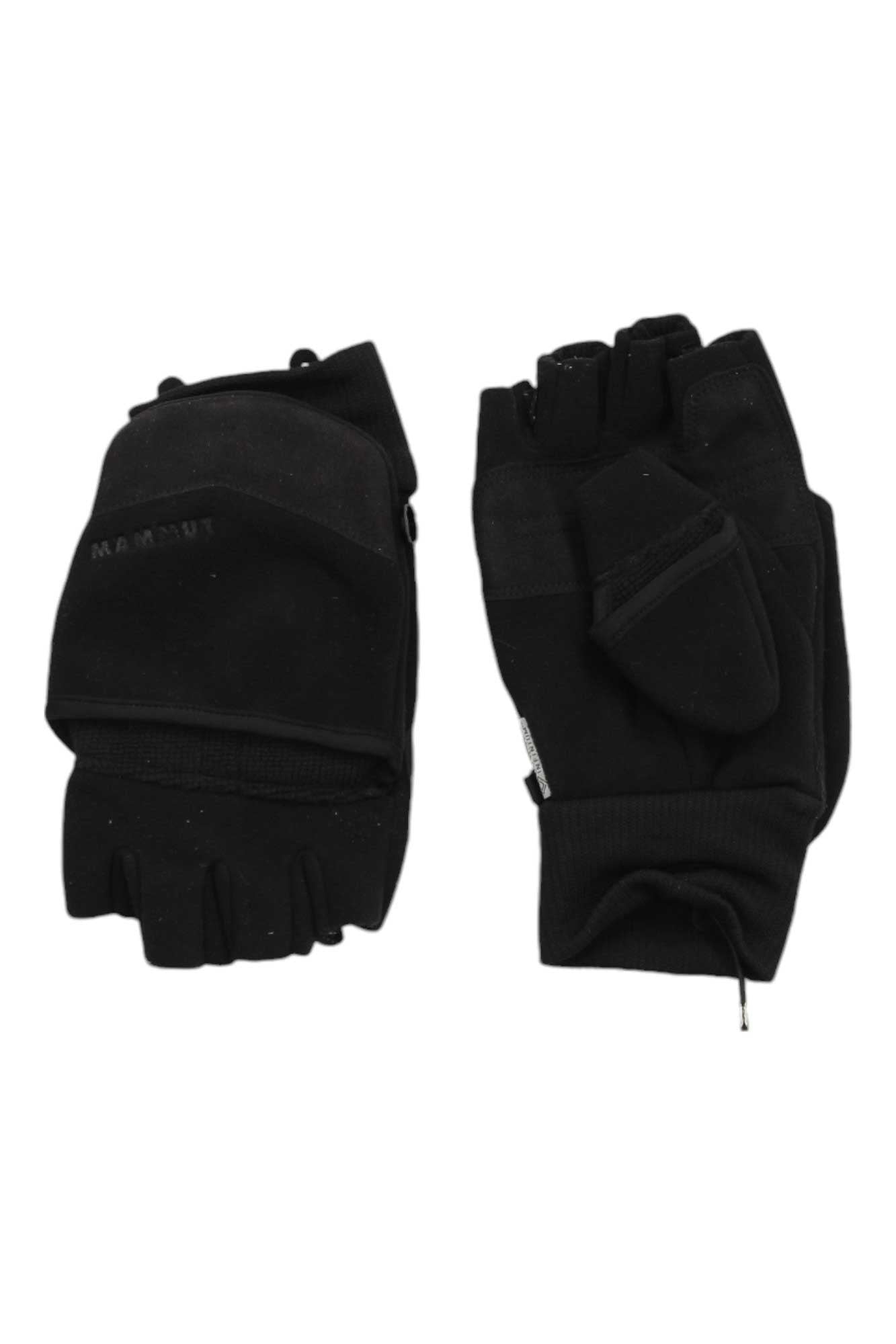 The Mammut Shelter Glove is a black fingerless hiking glove with a fold-over mitten cover. Made from warm, flexible material, it features a wrist pull tab for easy adjustment—perfect for outdoor adventures.