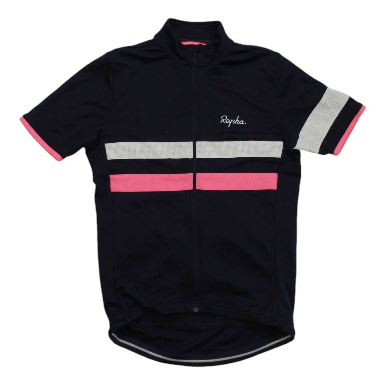 A short-sleeve cycling jersey in navy blue with a high collar, featuring a horizontal reflective stripe across the chest in gray and pink, and pink trim on the sleeve cuffs.