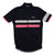 A short-sleeve cycling jersey in navy blue with a high collar, featuring a horizontal reflective stripe across the chest in gray and pink, and pink trim on the sleeve cuffs.