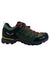 Women’s GTX hiking boot, black upper with green panels, red laces, and ribbed sole