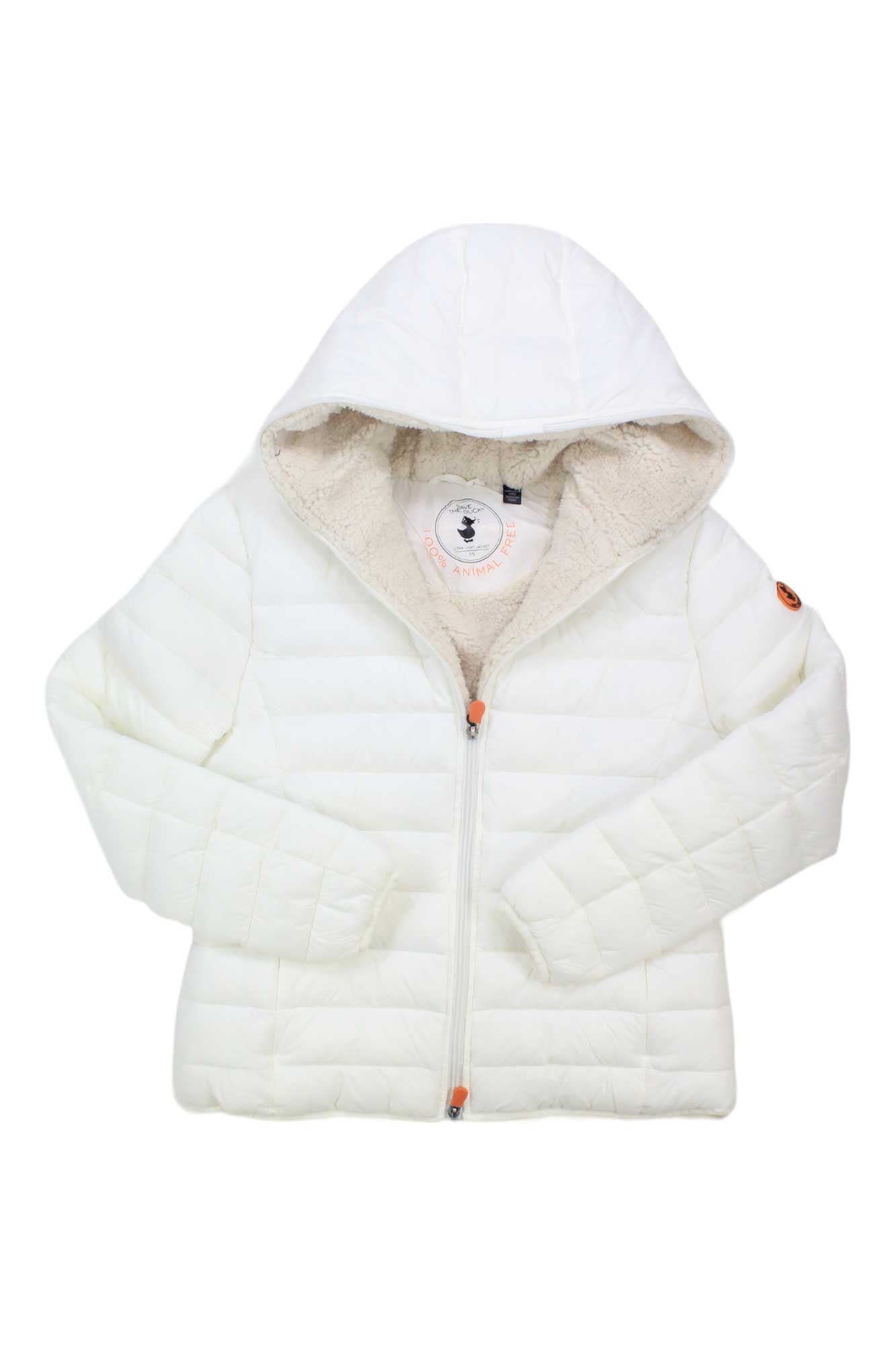 The Save The Duck Womens Gwen Jacket is a white puffer with a hood, front zipper, beige lining, and features water- and wind-resistant, breathable fabric. Shown laid flat with sleeves spread out, it displays a round patch on one sleeve and logo tag in the collar.