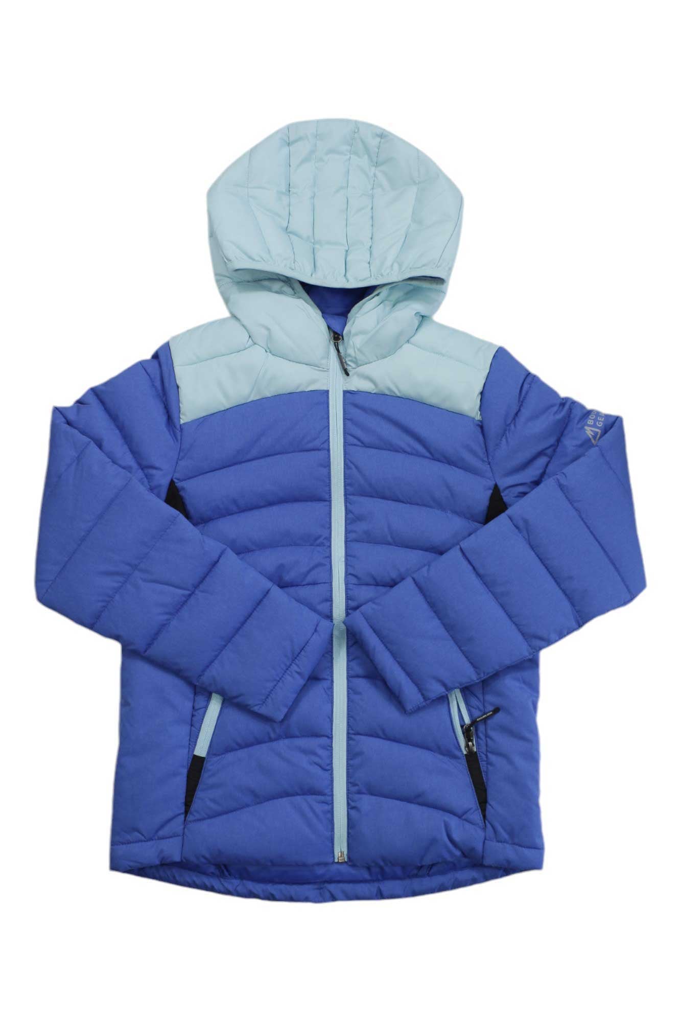 The Boulder Gear Girls' Cosmic Puffy Jacket is a blue insulated jacket with a light blue hood and shoulders, front zipper, zippered pockets, long sleeves, and a quilted pattern for added warmth.