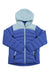 The Boulder Gear Girls' Cosmic Puffy Jacket is a blue insulated jacket with a light blue hood and shoulders, front zipper, zippered pockets, long sleeves, and a quilted pattern for added warmth.