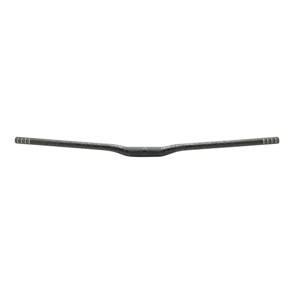 The Race Face Atlas Riser Handlebar is a black aluminum handlebar with a slightly raised center and textured grip markings, ideal for mountain bikes, shown against a white background.