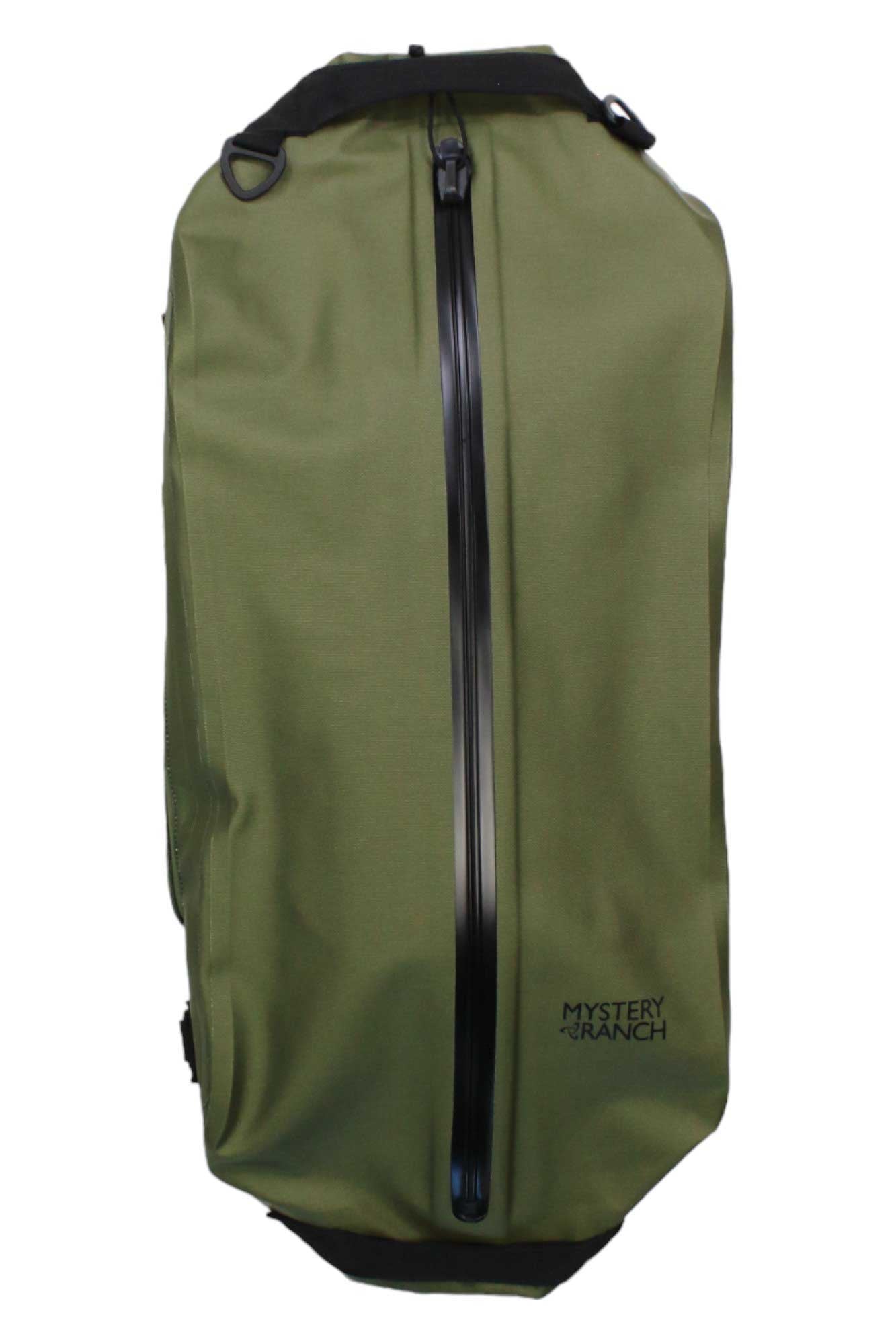 Mystery Ranch waterproof duffel bag, green with front zipper and carry loops